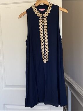 Lilly Pulitzer Navy Sleeveless dress with Gold Embellished Neckline